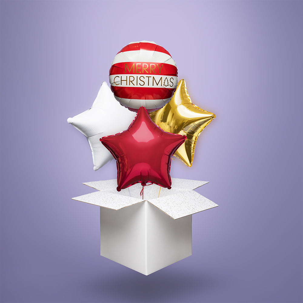 Świąteczny zestaw balonów z helem „Merry Christmas” – gwiazdki i okrągły balon w pudełku