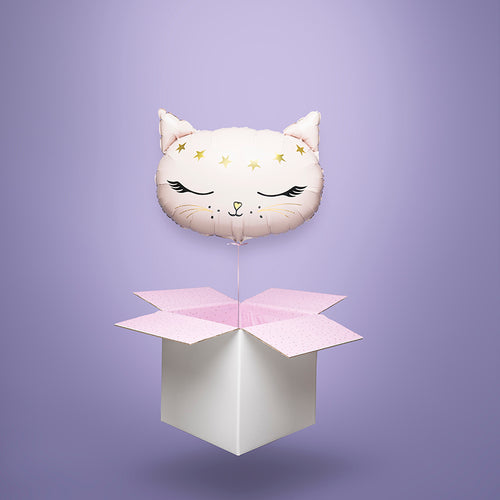 Różowy balon foliowy w kształcie kotka, wypełniony helem i wyskakujący z kartonu – słodki prezent urodzinowy dla dziecka i miłośnika kotków