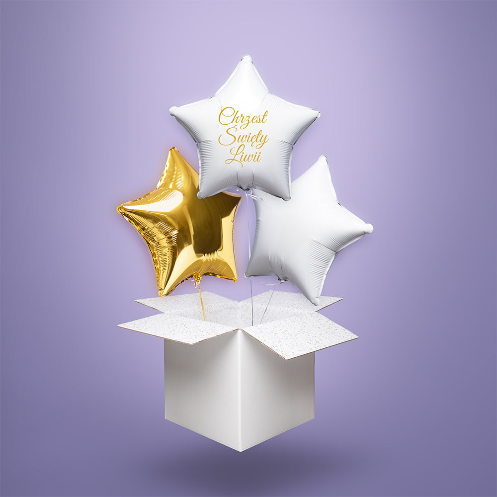Zestaw balonów foliowych w kształcie gwiazdek na Chrzest Święty – białe i złote, z personalizowanym napisem