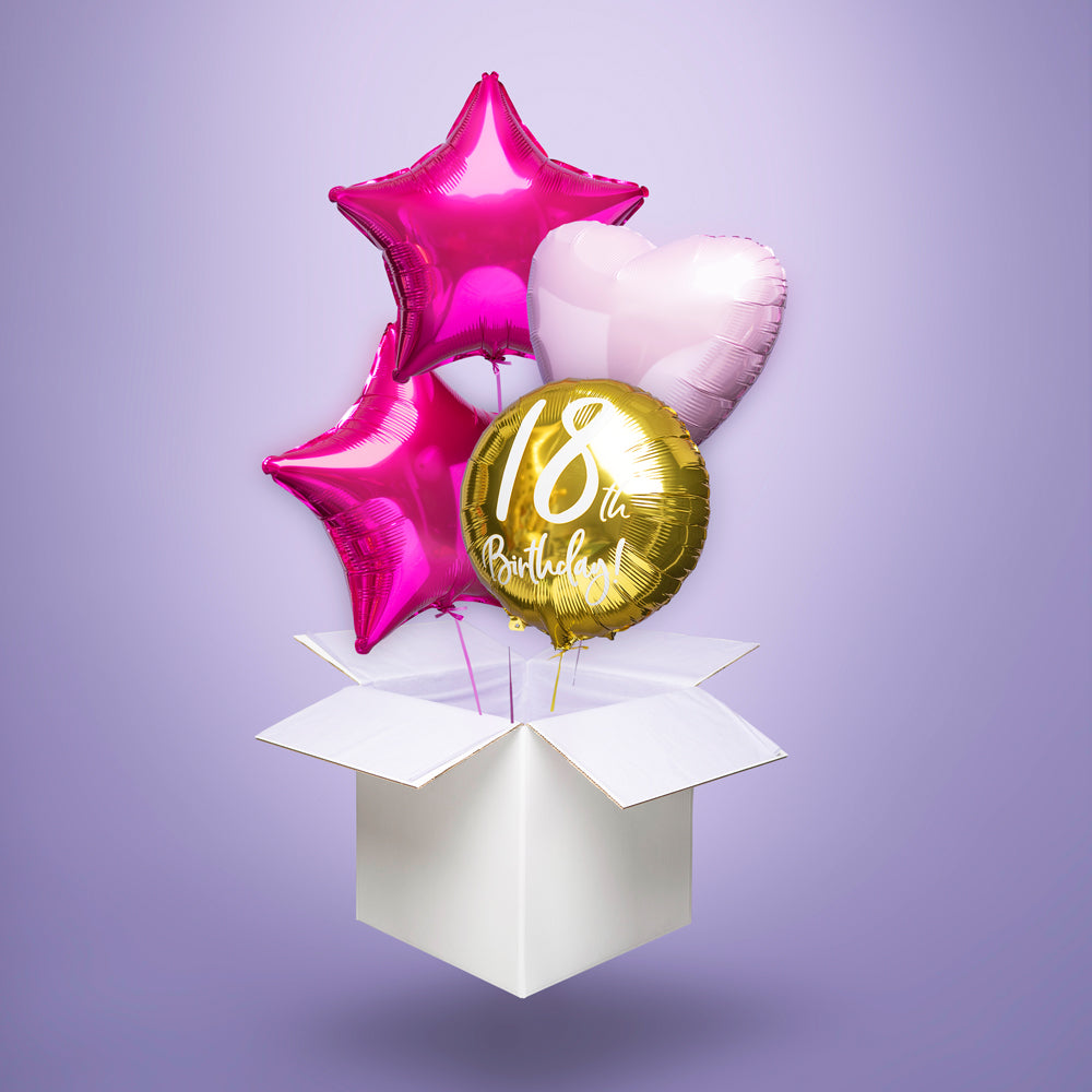 Zestaw balonów foliowych na 18. urodziny: dwie różowe gwiazdki, jasnoróżowe serce i złoty okrągły balon z napisem „18th Birthday”, wypełnione helem i wyskakujące z białego kartonu.