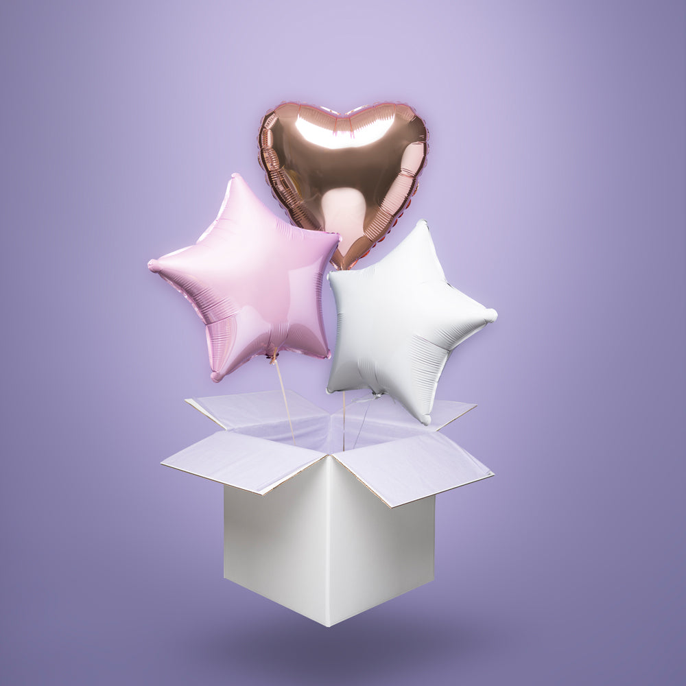 Zestaw balonów foliowych z helem – różowa gwiazdka, biała gwiazdka i serce w kolorze rose gold