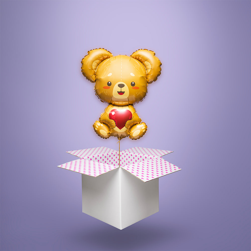 Balon foliowy Miś z czerwonym serduszkiem w pudełku – prezent z helem