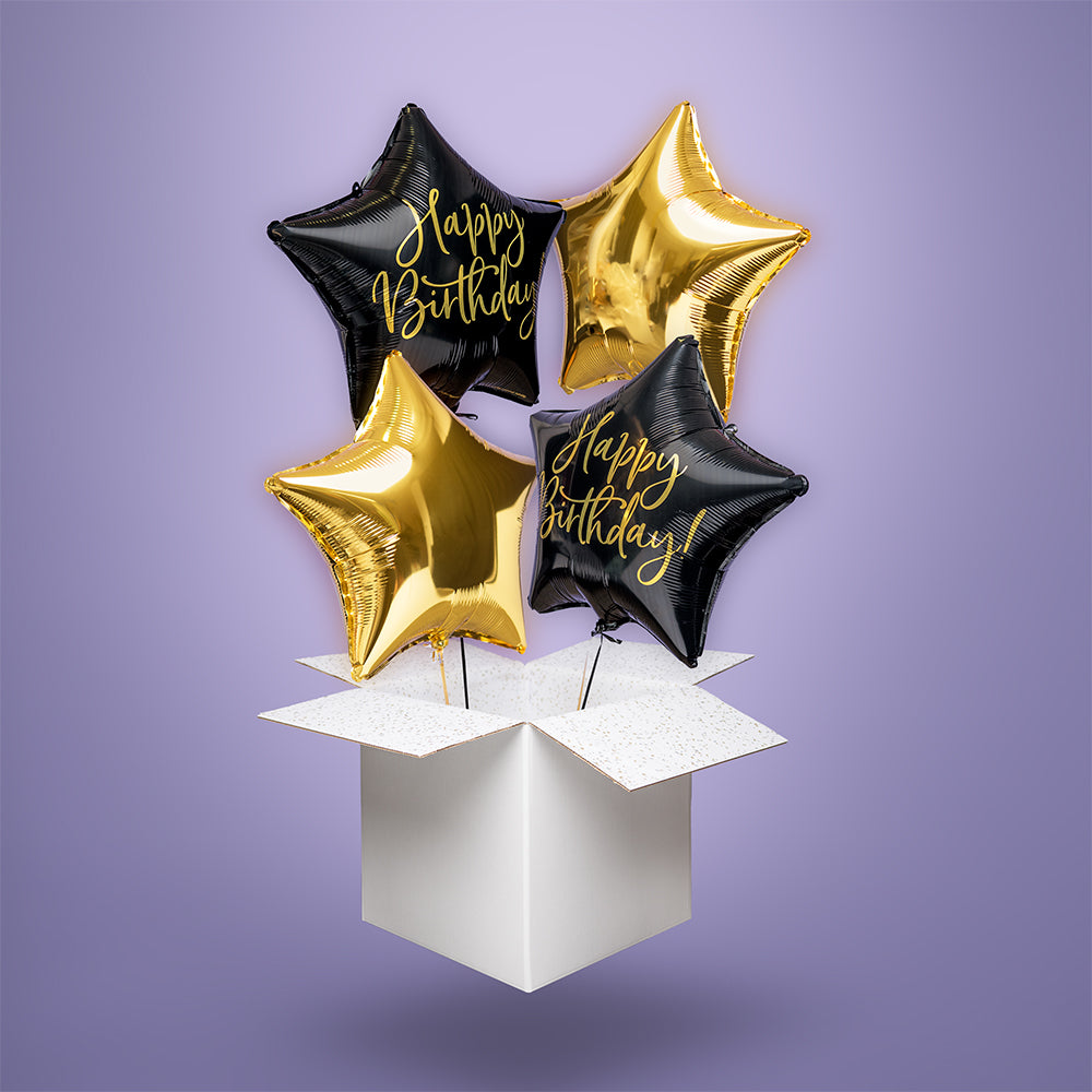 Zestaw balonów urodzinowych z helem w czerni i złocie – gwiazdki z napisem Happy Birthday w białym kartonie