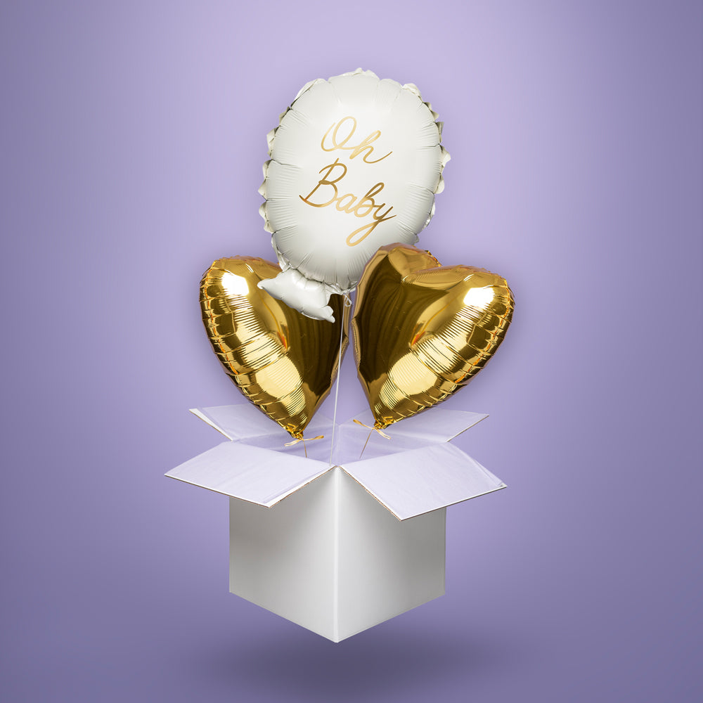 Balonowa niespodzianka Oh Baby – balon foliowy z helem i złote serca, prezent na baby shower, narodziny i powitanie dziecka